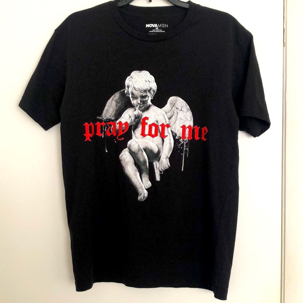 Fashion Nova Men Angel Pray For Me black M tee shirt